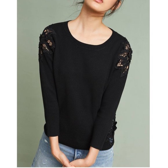 Anthropologie Eri + Ali Doris Laced Floral Pullover Sweater Top Black M - Picture 2 of 7